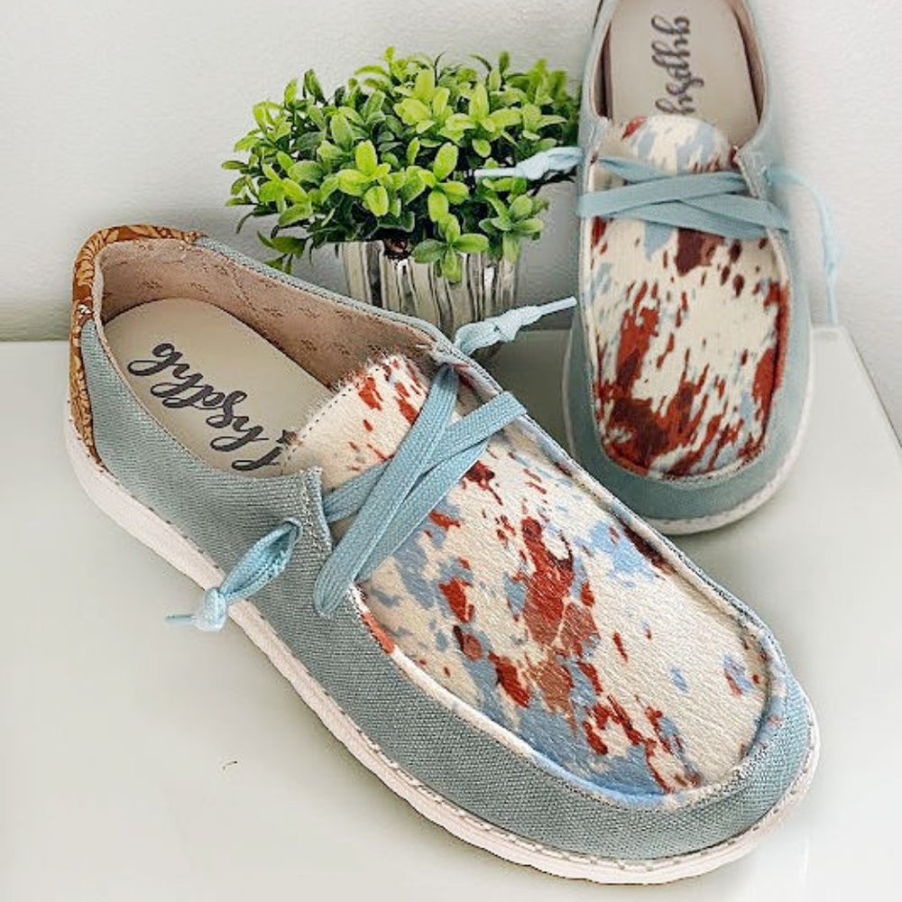 Gypsy Jazz Sky Blue Canvas Slip-On Sneakers with Multicolor Cowhide Accent